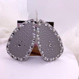 Handmade Faux Leather Teardrop Earrings Covered In Rhinestones Glitter